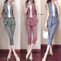 P7034  Set 2 ชิ้น เสื้อสูทแขนกุด +กางเกงขายาวลายทาง Set of 2 pieces. Sleeveless suit. + striped trousers