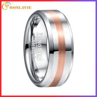 BONLAVIE 8mm Width Tungsten Carbide Ring Mens Wedding Band Engagement Ring Middle Brushed Electric Rose Gold Polished