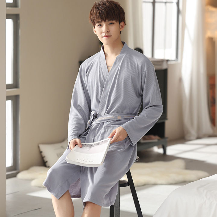 okamoto-ชุดนอนผู้ชาย-ชุดนอนหนาญี่ปุ่นชายเสื้อคลุมอาบน้ำแขนยาวเสื้อคลุมอาบน้ำเสื้อคลุมสีทึบหลวมบริการบ้าน-ชุดนอนผู้ชาย