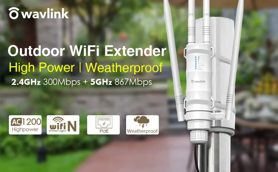 WAVLINK AC1200 High Power Outdoor Weatherproof WiFi Range Extender/Wireless  Access Point/mesh agent with Passive