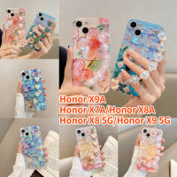 RTY กำไลข้อมือ X9A เคสสำหรับ Honor เกียรติยศ X7A เกียรติยศ X9 5G X8 5G Crossbody เคสโทรศัพท์ Bluray แววน้ำมันภาพวาดดอกไม้เพชรเคสแบบนุ่ม