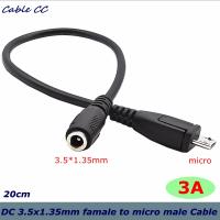 Kabel daya DC 0.2m wanita colokan daya 3.5x1.35mm ke USB mikro USB pria 3A 22AWG kabel tembaga murni 20cm Tablet pengisian daya ponsel komputer