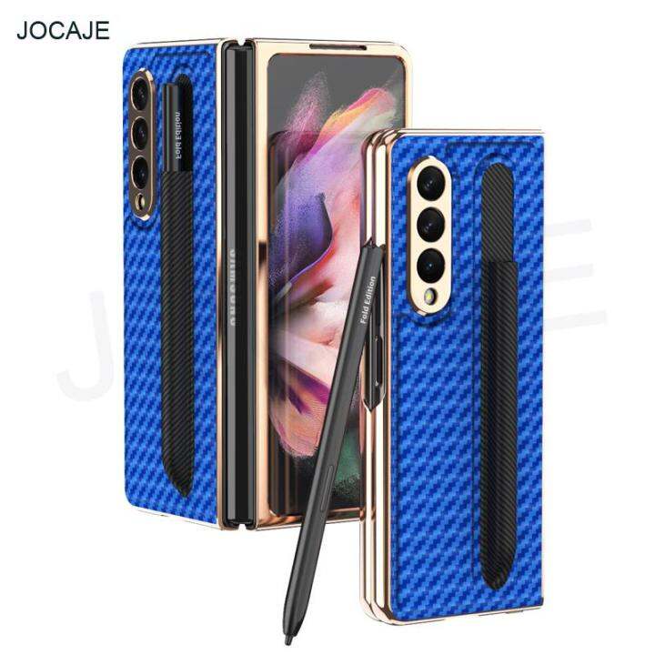 carbon-fiber-s-pen-slot-plating-phone-case-for-samsung-galaxy-z-fold-3-5g-stylus-pen-socket-shockproof-cover-for-galaxy-z-fold3