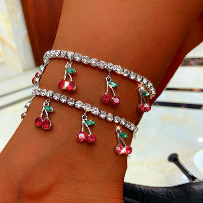 Gold Silver Color Cherry Anklet Rhinestone Crystal Ankle Boho Beach Anklets for Women Sandals Foot Bracelets Female Jewelry