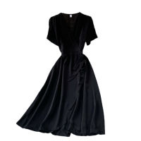 Casual Mid-length A-line Dresses for Women Korean Summer Hepburn Style Puff Sleeve V-neck Dress