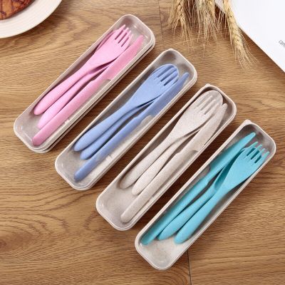 3pcs/set Travel Cutlery Portable Cutlery Box Japan Style Wheat Straw Knife Fork Spoon Student Dinnerware Sets Kitchen Tableware Flatware Sets