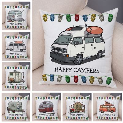 【LZ】 Both Sides Cartoon House Travel Car Cushion Cover Pillow Case Decor Happy Camper Van Life Soft Plush Pillowcase for Sofa Home