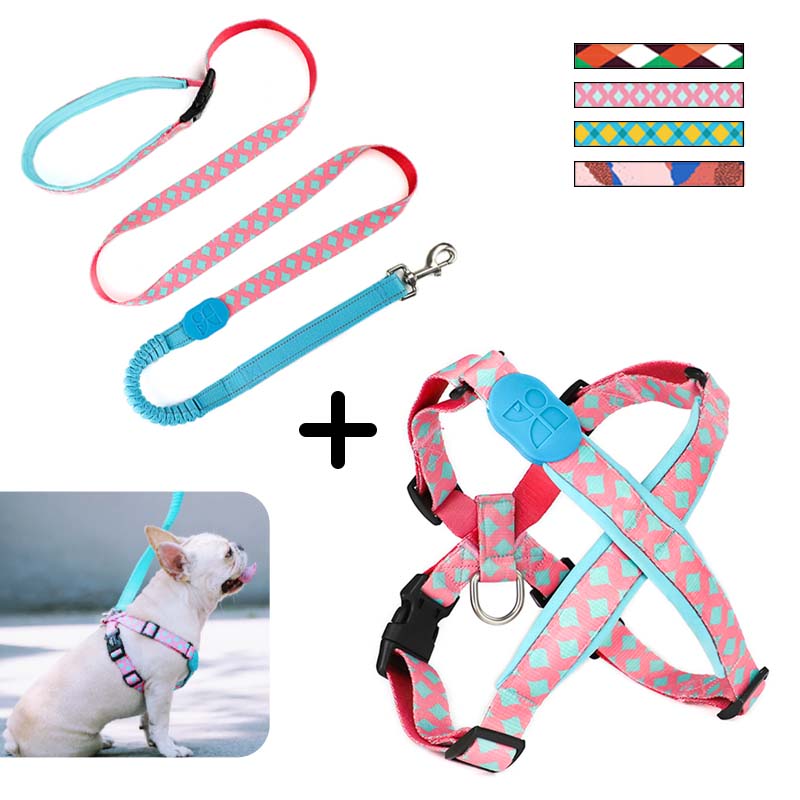 Pink matching dog harness and collar set.