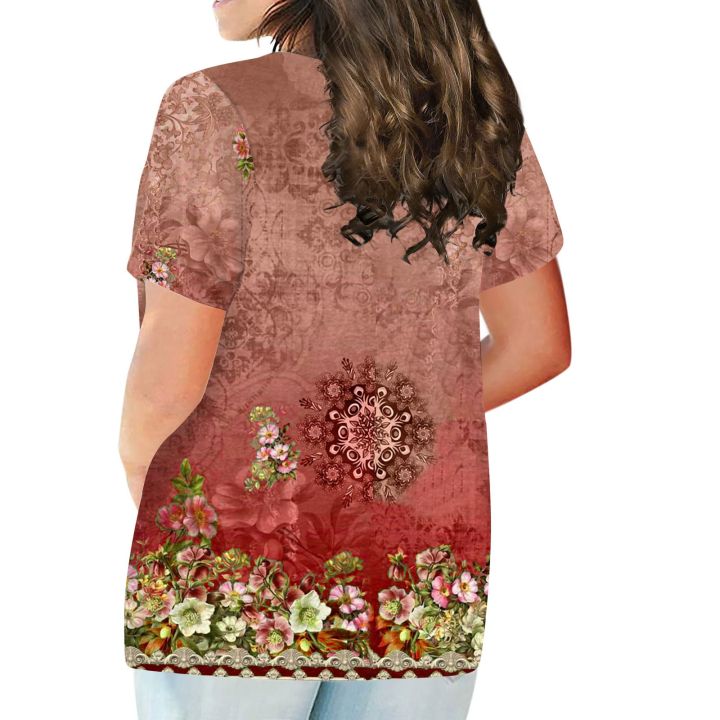 เสื้อยืดกระดุมเสื้อแขนสั้นสำหรับผู้หญิงขนาดใหญ่พิเศษพิมพ์ลายดอกไม้เสื้อลำลอง