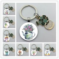 Cute Metal Flower Pot Glass Round Keychain Birthday Gift Succulents Key Ring Car Bag Decoration Pendant Ornament Gift