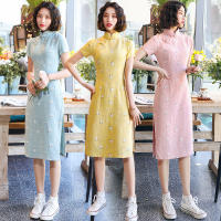 【CW 】 Spring And Summer 2022 New Cotton And Linen Chinese Style Girl Small Fresh Daily Slim Long Cheong sam Dress Female Slim Qipao cheongao