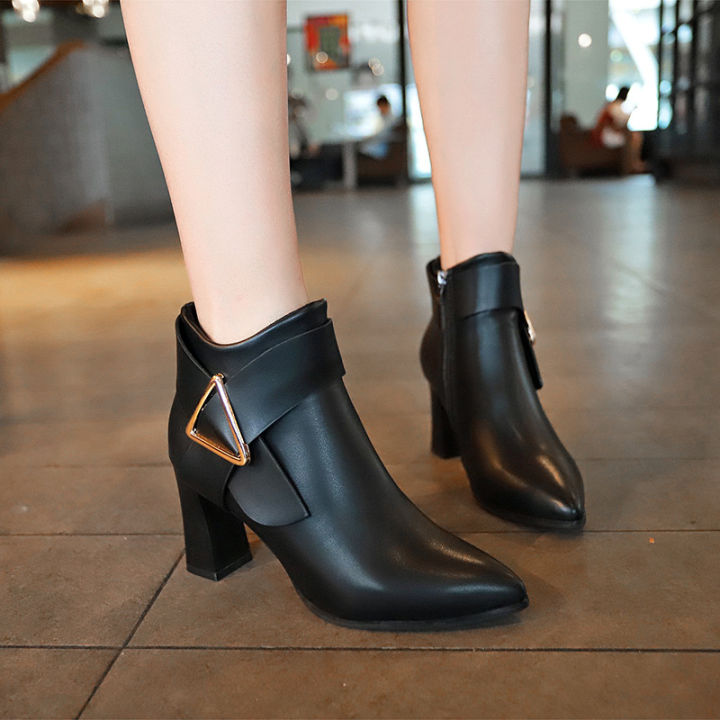 รองเท้าบูทปลายแหลมส้นหนาของผู้หญิงรองเท้าบูท-martin-sepatu-boot-pendek-2022ด้านข้างรองเท้าส้นสูงแบบรูดซิปสั้นส้นหนารองเท้าผู้หญิง