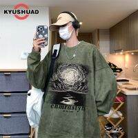 KYUSHUAD เสื้อสเวตเตอร์ลำลองสำหรับผู้ชาย,เสื้อสเวตเตอร์ลำลองคู่ฮิปฮอปไฮสตรีทเสื้อกันหนาวลำลองหลวมคอกลมพิมพ์ลาย