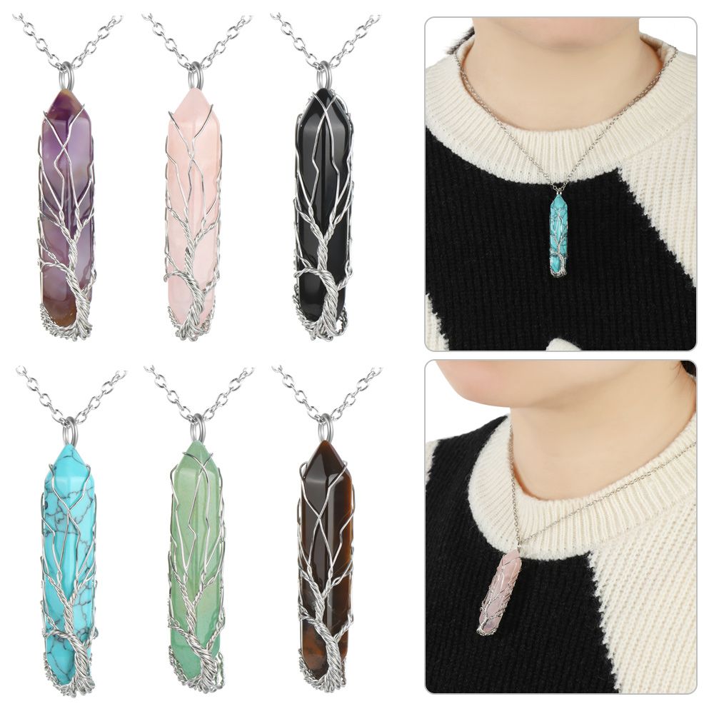 Good Luck Crystal Necklace for women Tree of Life Silver Wrapped Natural Quartz Gemstone Pendant Necklaces Jewelry Amethyst Healing Crystal Stone Necklace