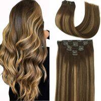 Clip In Human Hair Extensions Full Head Remy Hair Natural Black to Light Brown Honey Blonde Ombre Straight Hair Extensions 120g