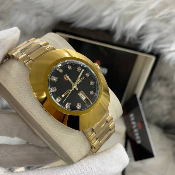 นาฬิกา-ราโด้-รุ่น-เดียสตาร์-หน้าปัดสีดำ-gold-dial-diamond-36-mm-automatic-men-s-watch-รับประกันภาพถ่ายจากสินค้าจริง