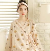 [COD] [Manqiu] Womens pajamas spring and autumn pure double-layer gauze Japanese-style kimono cartoon long-sleeved home service suit