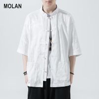 MOLAN เสื้อเชิ๊ตผู้ชายแขนสั้นวินเทจลายมังกรเข้มเสื้ออเนกประสงค์คู่ลำลอง