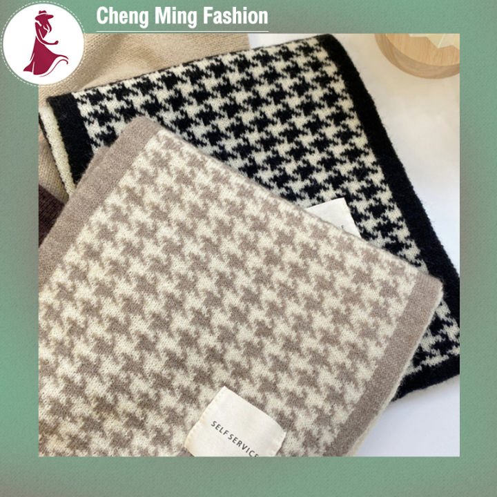 cheng-ming-ผ้าพันคอลายฮาวส์ทูธแบบเรียบง่ายสำหรับผู้หญิง-ผ้าพันคอแฟชั่นผ้าพันคอเสื้อถักไหมพรมคลาสสิกผ้าพันคอสำหรับนักเรียนคู่