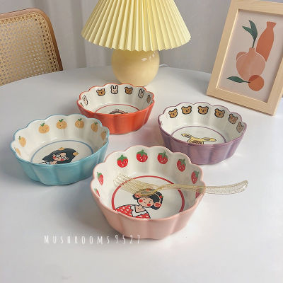 Korean Cute Cartoon Girl Lace Bowl Ceramic Breakfast Fruit Oatmeal Bowl Children Pink Strawberry Purple Yogurt Bowl