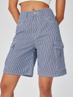 Cider Mid Waist Striped Pocket Bermuda Shorts