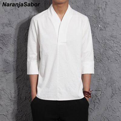 Naranjasabor 2023เสื้อเชิ้ตแขน7ส่วนสำหรับผู้ชาย,เสื้อเสื้อกิโมโนหลวมแฟชั่นฤดูใบไม้ผลิฤดูร้อน