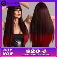 【LZ】❖▲✢  7JHH WIGS Long Burgundy Red Wigs Straight Wigs with Bang Ombre Dark Red Hair Wig for Women Daily Cosplay Party Heat Resistant