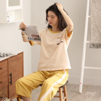 Summer ladies cotton and linen short sleeve cropped pants pajamas suit womens comfortable pink plus size casual home service