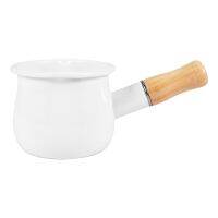 Enamel Milk Pan, Mini Butter Warmer 10cm Enamelware Saucepan Pan Cookware with Wooden Handle, Perfect Size for Heating Smaller Liquid Portions. (White)