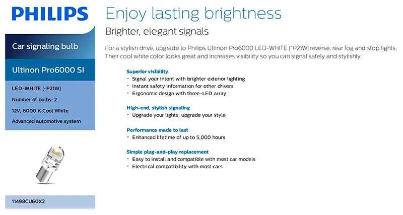 Philips Ultinon pro6000 LED P21W 1156 BA15S 6000K ánh sáng trắng lạnh xe  đảo ngược đèn không có đèn flash nhấp nháy không có lỗi 11498cu60x2