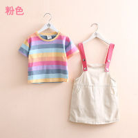 Summer New 2 3 4 6 8 10 12 Years Baby Overalls Cotton Dress+Short Sleeve Stripe T-shirt 2 Pcs School Kids Girls Clothes Set