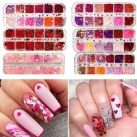 ELEGANT 12 Grids Mixed Valentine 39;s Day Nail Art Sequins Shiny Red Love Heart Glitter Flakes Nail Supplies For Professionals Accessories