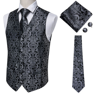 Hi-Tie Mens Vest Classic Solid Paisley Jacquard Silk Waistcoat Handerky Cufflinks Set Party Wedding Vest Suit Set Black MJ-0010