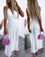 V คอกว้างจีบ Jumpsuit สีทึบผู้หญิงฤดูร้อนเข็มขัด Ruchued ข้อเท้า Lengh Draped Tank สูง Waist