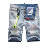 COOL Trendy brand fashion five point shorts with colorful embroidery, messy threads, torn holes, patch, hanging rope decoration, mens jeans