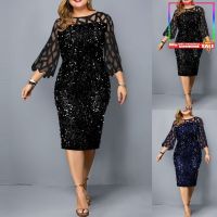 ERINWomen O Neck 34 Sleeve Sheer Patchwork Shiny Sequins Bodycon Knee-length Dress