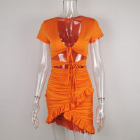 Karlofea New  Summer Orange Everyday Wear Mini Dress Sexy High Cut Hollow Out Lace Up Ruched Wrap Dress Chic Ruffles Outfits