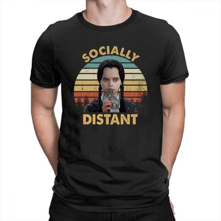 socially-distant-vintage-เสื้อยืดลําลองสําหรับผู้ชายผู้หญิงแขนสั้นคอกลมพิมพ์ลาย-wednesday-addams-family-เสื้อยืด