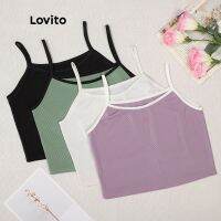 【คุณภาพสูง】Lovito เสื้อครอปสายเดี่ยว ผ้าถัก สีพื้น แฟชั่นสำหรับผู้หญิง L00008 (สีเขียว / ชมพู / ขาว / สีดำ)