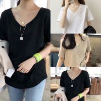 ?FC พร้อมส่ง?เสื้อยืดคอวีผ้าคอตตอนนิ่ม สีพื้น 3 สี แขนสั้น