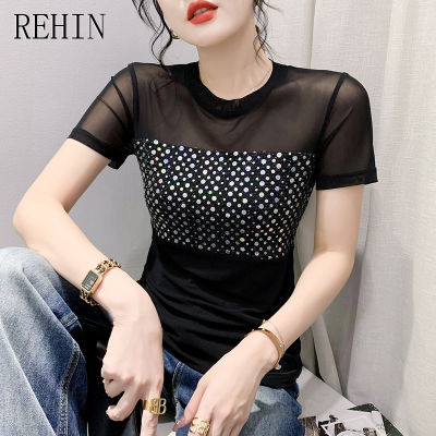 REHIN เสื้อผู้หญิงแฟชั่นใหม่ฤดูร้อนเสื้อตัวบนเข้ารูปพอดีตาข่ายคอกลมแผงปักเลื่อมเสื้อแนวโน้มเสื้อยืดแขนสั้น