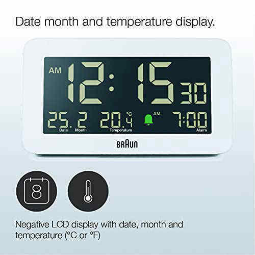 Braun Digital Alarm Clock with Date, Month and Temperature Displayed