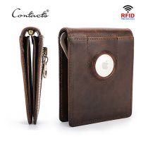 ZZOOI CONTACTS Genuine Leather Men Slim Wallet RFID Casual Money Clip Male Wallets Airtag Holder Credit Card Small Purse Coin Pocket