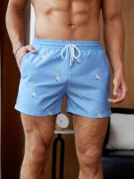 Men Print Drawstring Waist Swim Trunks Shorts