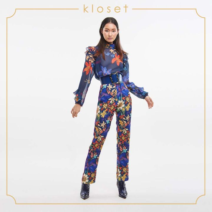 kloset-iris-floral-printed-trousers-aw19-p012-เสื้อผ้าผู้หญิง-เสื้อผ้าแฟชั่น-กางเกงแฟชั่น-กางเกงผ้าพิมพ์-กางเกงขายาว