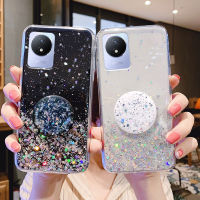 เคสเคสโทรศัพท์ vivo Y02 ดีไซน์เลื่อม Y02บางใสเคสโทรศัพท์ vivo Y02 พร้อมที่วางโทรศัพท์ปลอกซิลิโคนนุ่ม