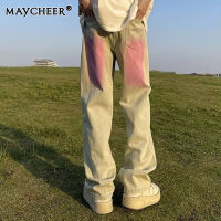 MAYCHEER   กางเกงยีนส์ผู้ชายวินเทจแฟชั่นเก่ากางเกงลำลองตรงหลวม
