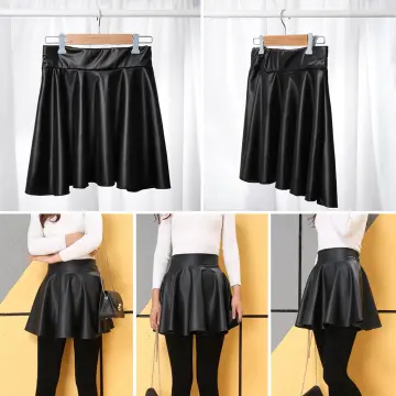 Black Faux Leather Pleated Micro Mini Skater Skirt