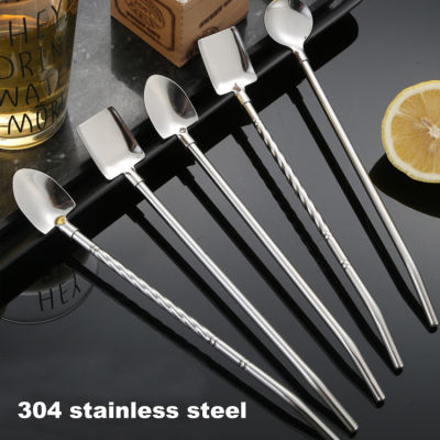 2In1Drinking Straws Spoon Creative Stainless Steel Reusable Drinking Straw Cocktail Stirring Spoon Bar Milk Coffee Stirring Tool