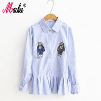 New Autumn Women Long Butterfly Sleeve Turn-Down Collar Work Office Striped Shirts Tops for Business Cat Embroidery Blouse